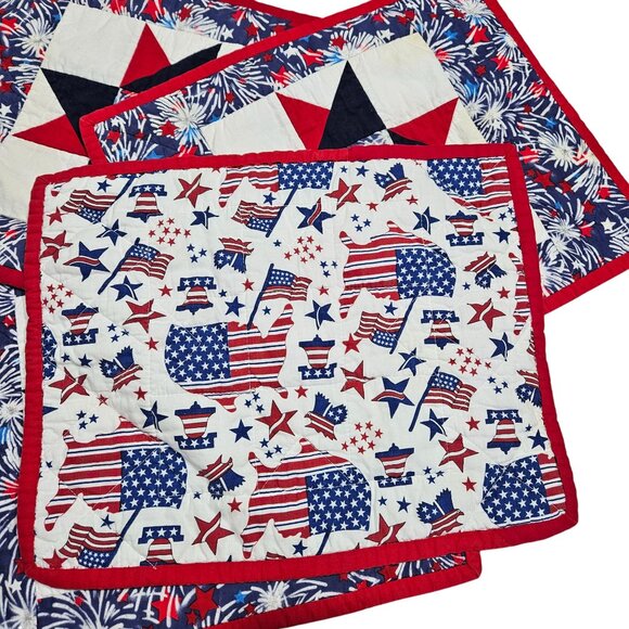Patriotic Quilted Placemats Set Of 4 Fireworks & Stars Double-Sided Design Red/W - Picture 4 of 15